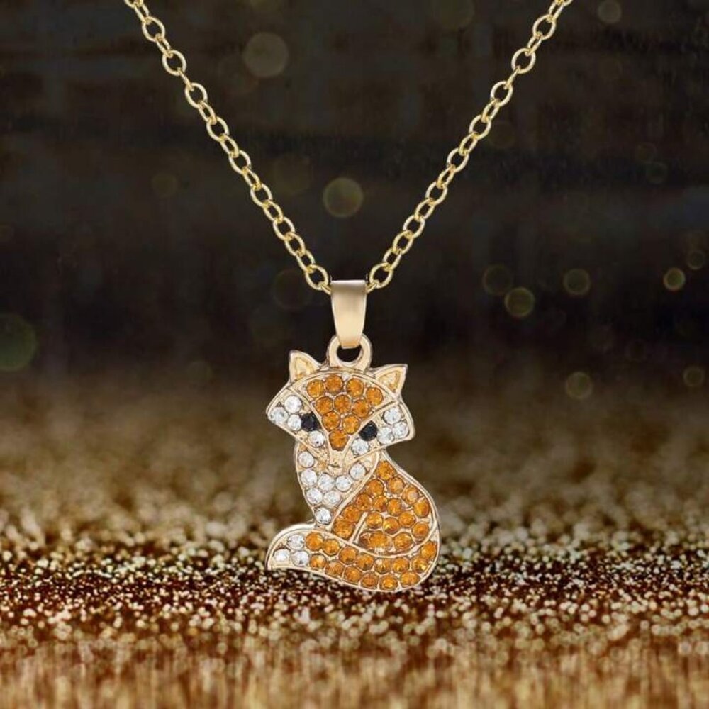 NEW FOX Animal Theme Rhinestone Sparkle Pendant Silver Gold Dipped Necklace